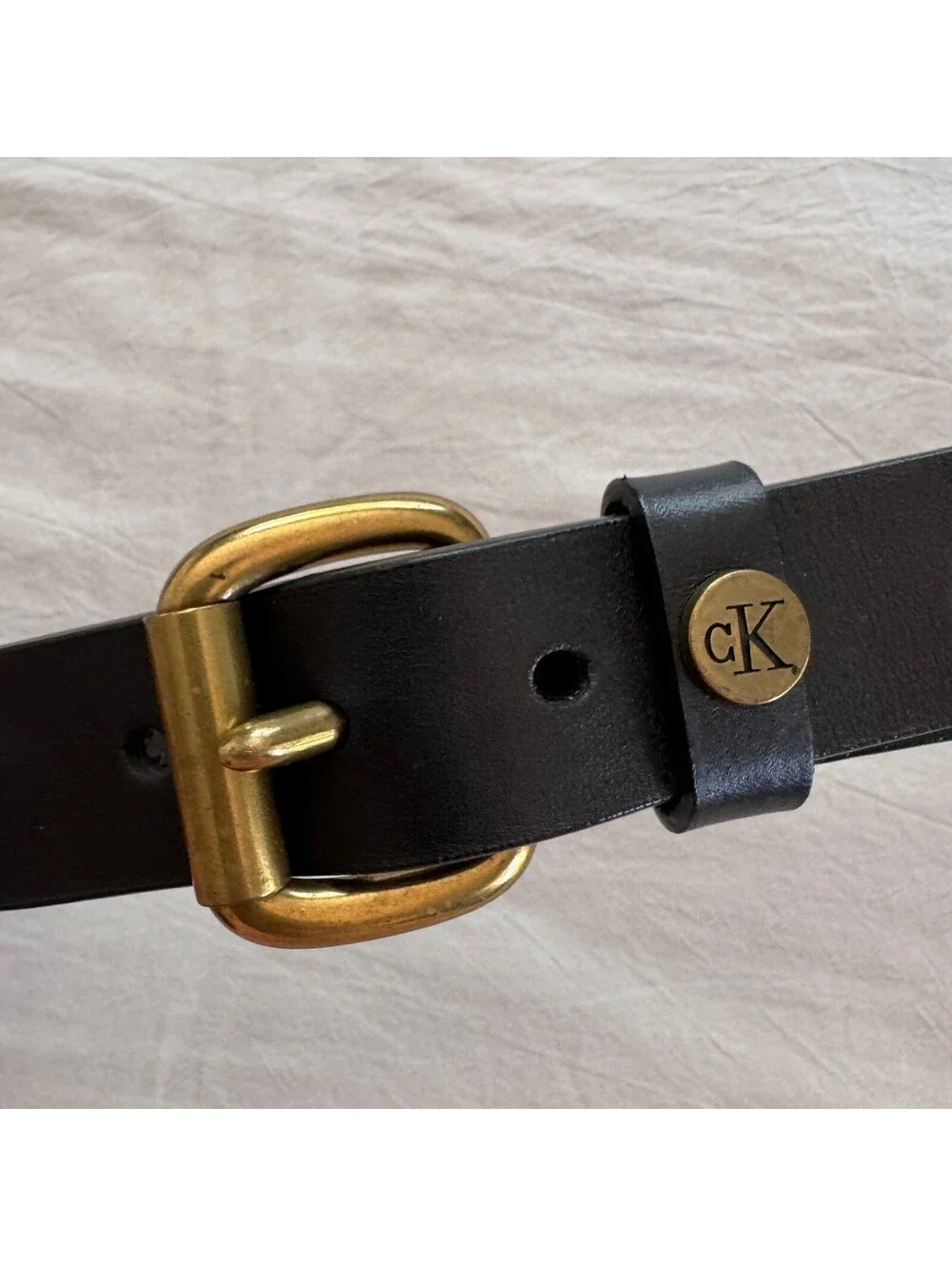 Vintage Calvin Klein Black Leather Belt Brass Buckle cK Logo Medallion Small